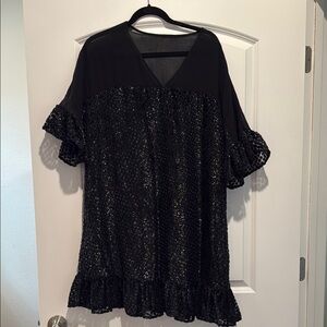 Black and teal cheetah print Dress with Ruffle Sleeves from Anthropologie